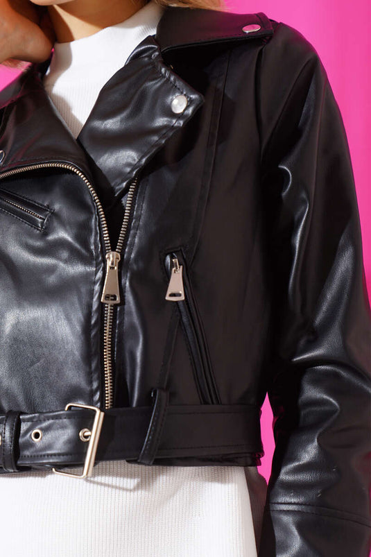 Veste En Cuir Courte Zippée Ceinturée Noir