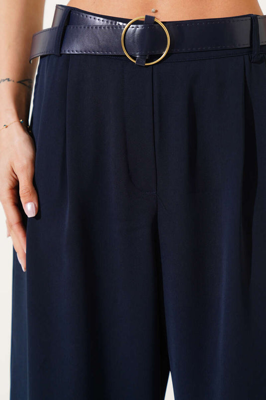 Belted Wide Leg Casual Trousers Navy Blue