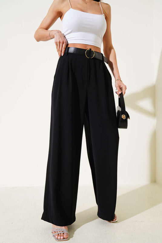 Pantalones casuales de pierna ancha con cinturón negros