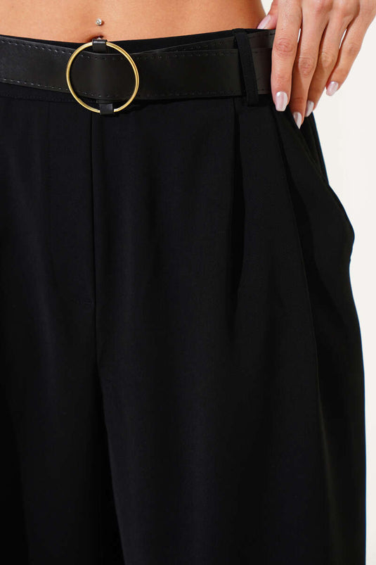 Belted Wide Leg Casual Trousers Black
