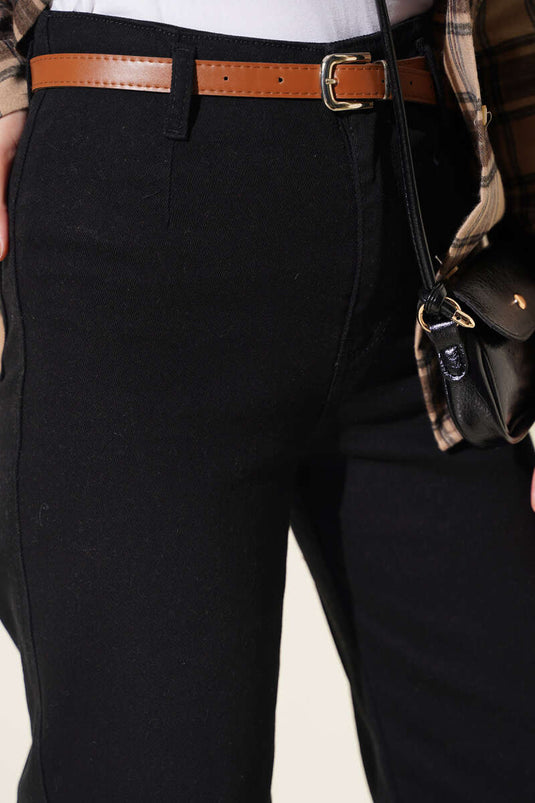 Kemerli Geniş Paçalı Kot Pantolon Siyah