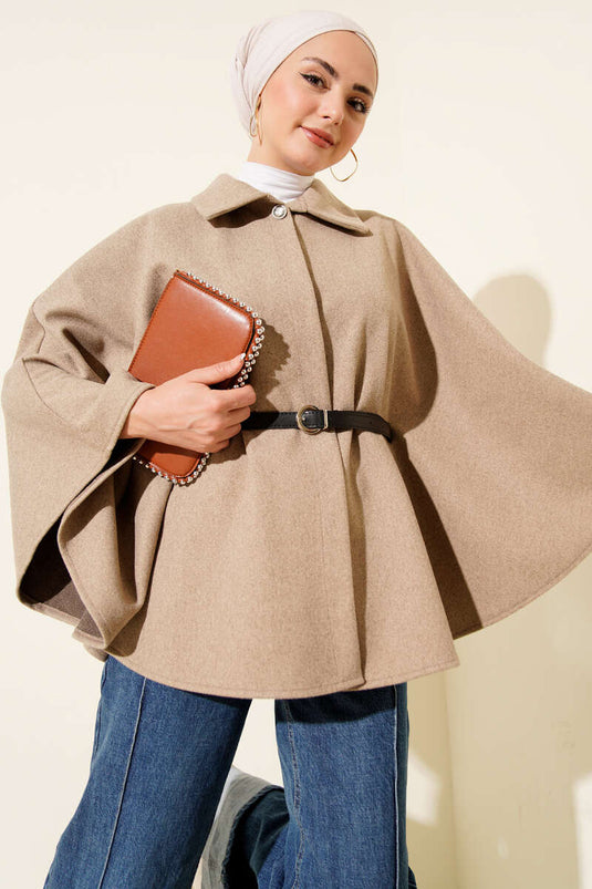 Kemerli Gömlek Yaka Kaşe Panço Bej