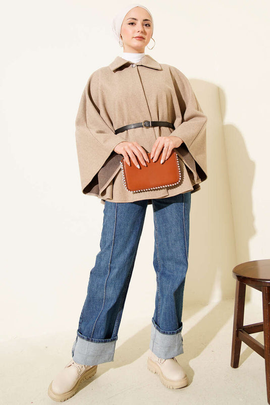Belted Shirt Collar Cashmere Poncho Beige