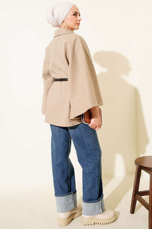 Belted Shirt Collar Cashmere Poncho Beige