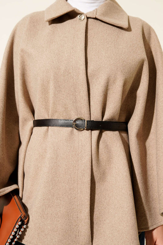 Kemerli Gömlek Yaka Kaşe Panço Bej