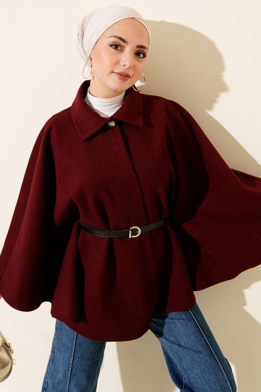 Kemerli Gömlek Yaka Kaşe Panço Bordo