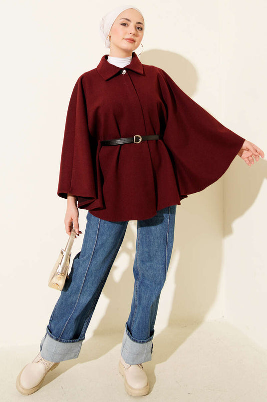 Belted Shirt Collar Cashmere Poncho Burgundy