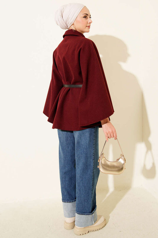 Belted Shirt Collar Cashmere Poncho Burgundy