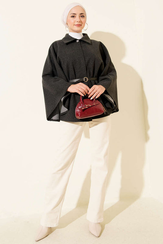 Belted Shirt Collar Cashmere Poncho Smoke