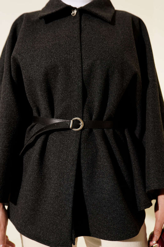 Kemerli Gömlek Yaka Kaşe Panço Füme