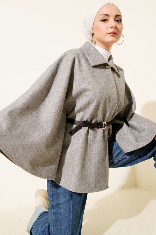 Kemerli Gömlek Yaka Kaşe Panço Gri