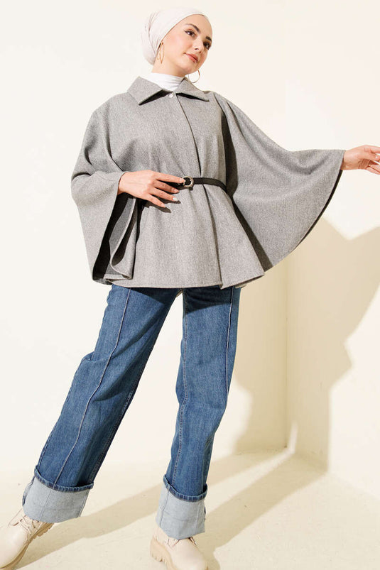Belted Shirt Collar Cashmere Poncho Gray