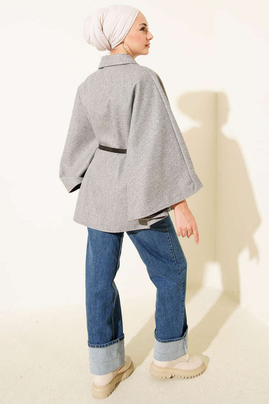 Belted Shirt Collar Cashmere Poncho Gray