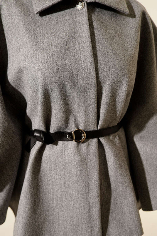 Kemerli Gömlek Yaka Kaşe Panço Gri