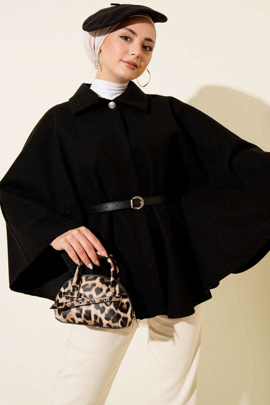 Kemerli Gömlek Yaka Kaşe Panço Siyah