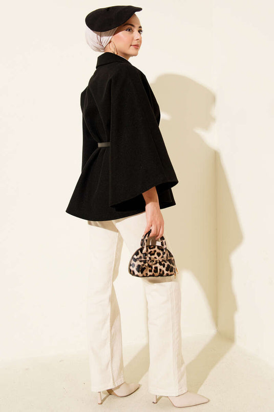 Belted Shirt Collar Cashmere Poncho Black