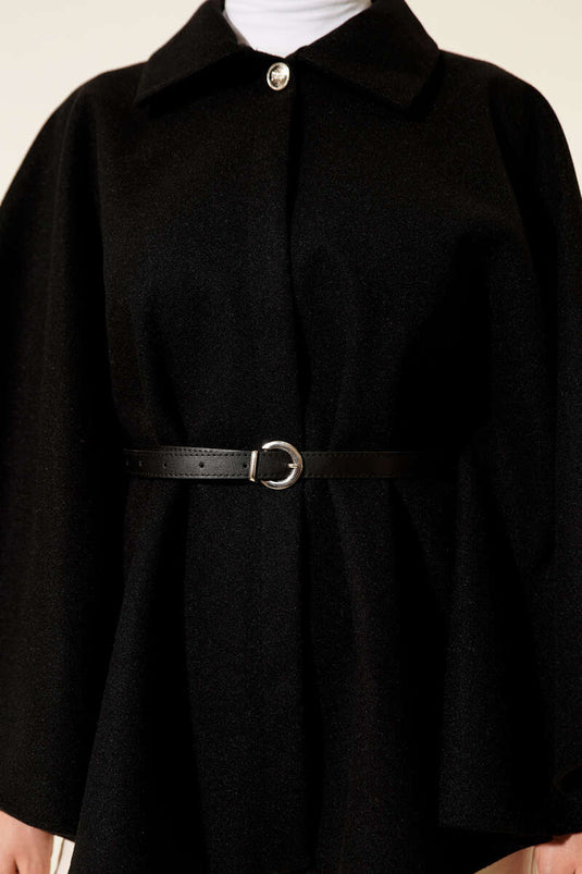 Kemerli Gömlek Yaka Kaşe Panço Siyah