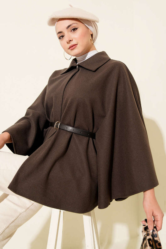 Kemerli Gömlek Yaka Kaşe Panço Vizon