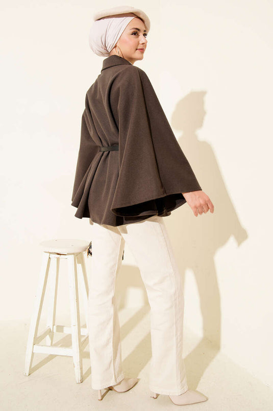 Belted Shirt Collar Cashmere Poncho Mink