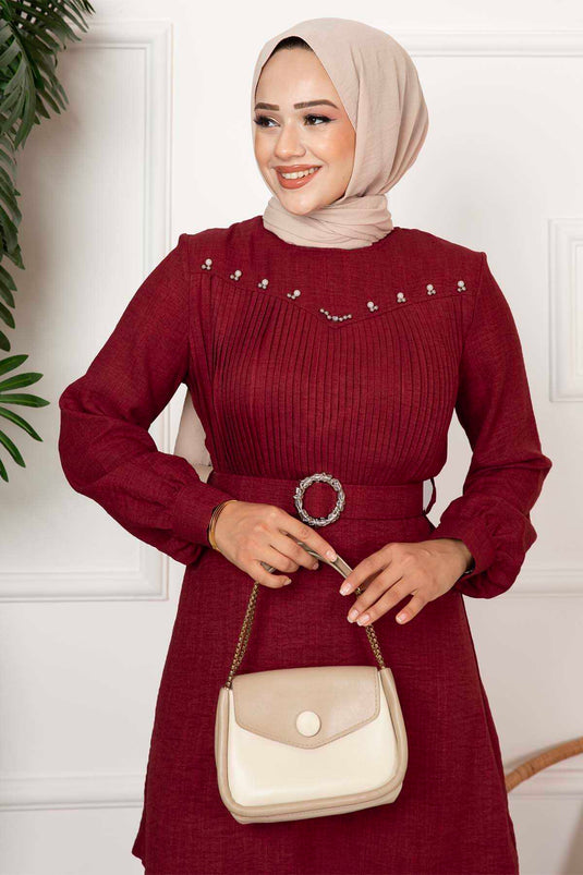 Linnen hijab dubbel pak met riem, bordeauxrood