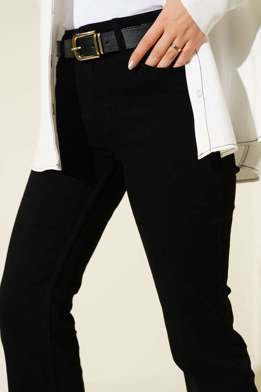 Kemerli İspanyol Paça Kot Pantolon Siyah
