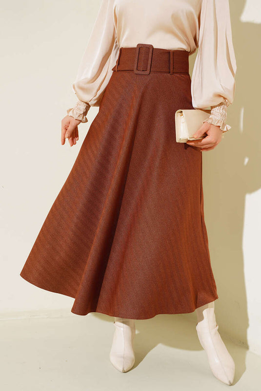 Jupe rayée jacquard beige avec ceinture