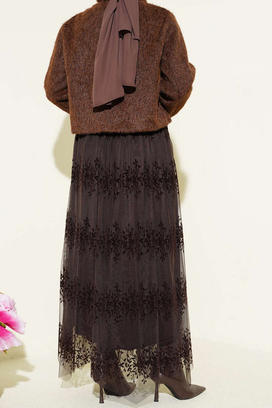 Tulle Skirt with Belt and Embossed Pattern Brown