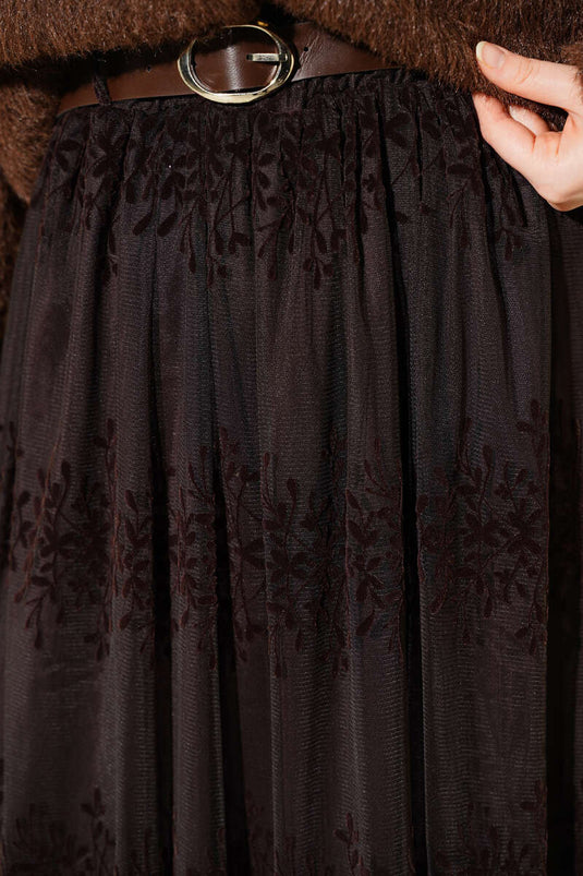 Jupe en tulle à motif en relief avec ceinture, couleur café
