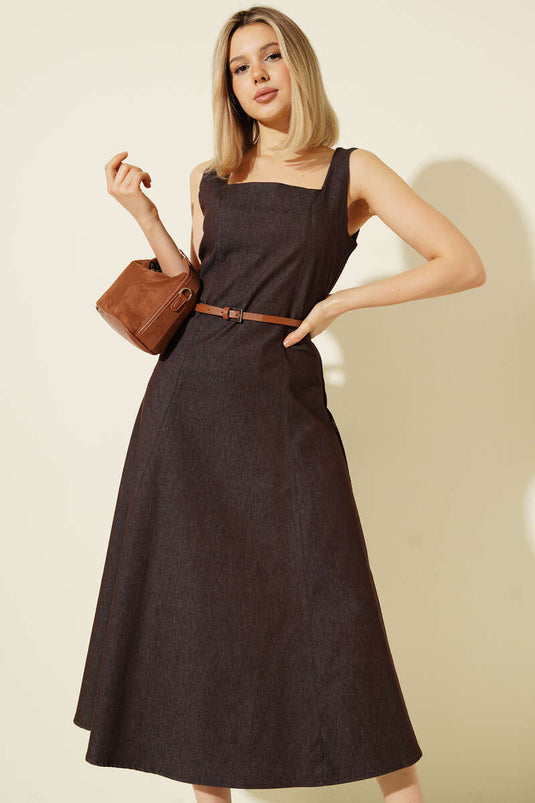 Belted Square Neck Denim Midi Dress Brown