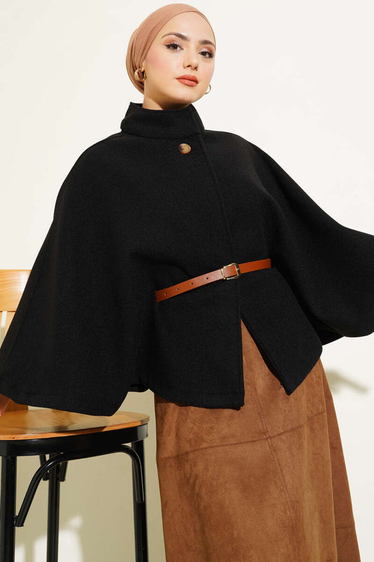 Belted Cape Coat Black