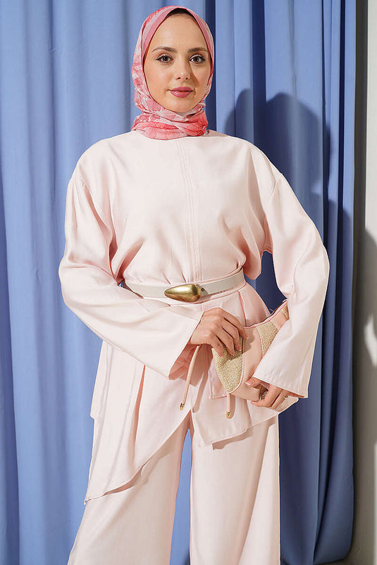 Kemerli Katlı Pantolonlu İkili Takım Pembe