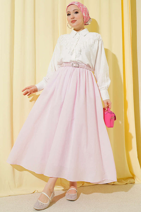 Jupe évasée en voile avec ceinture rose