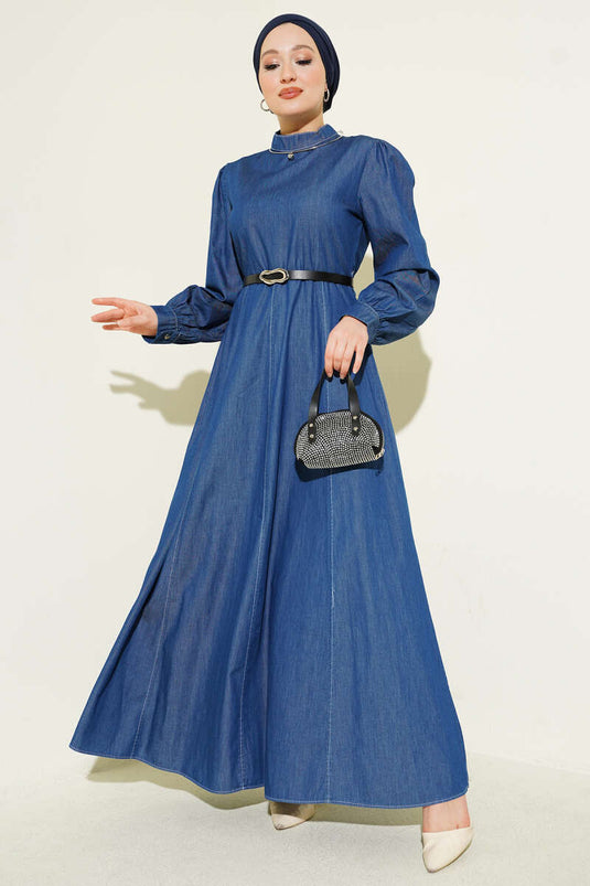 Kemerli Kot Görünümlü Kloş Elbise Mavi