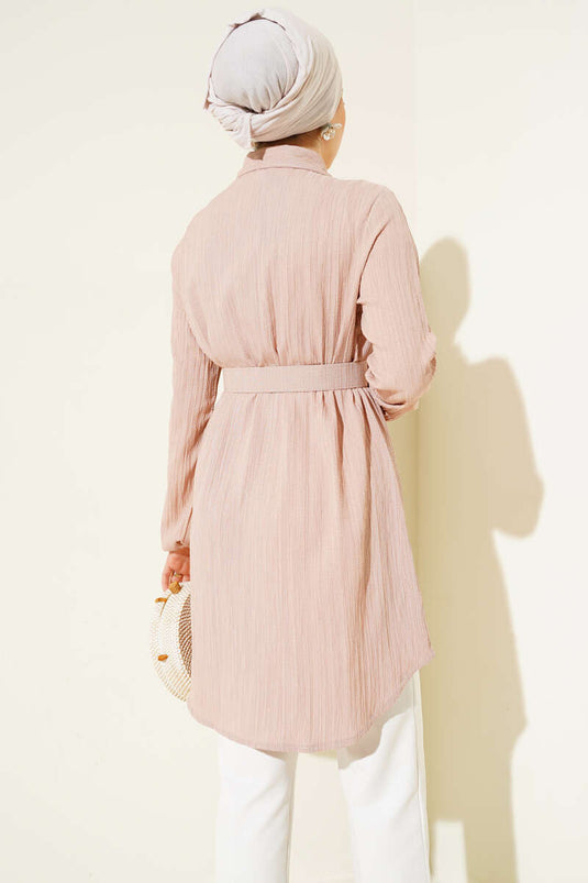 Kemerli Krinkıl Gömlek Bej