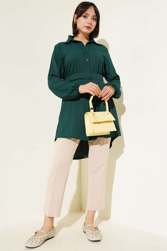 Kemerli Krinkıl Gömlek Zümrüt