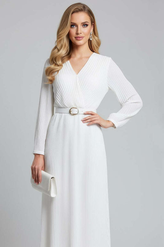 Robe midi plissée blanche à col cache-cœur et ceinture