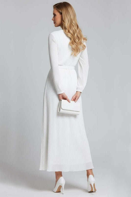Robe midi plissée blanche à col cache-cœur et ceinture