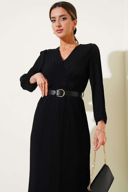 Kemerli Kruvaze Yaka Pileli Midi Elbise Siyah