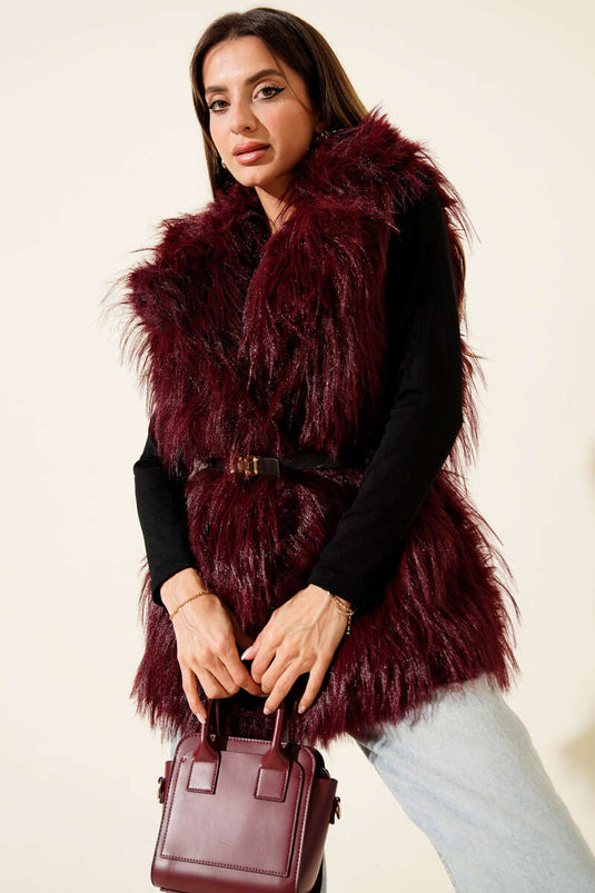 Kemerli Kürklü Lolita Yelek Bordo