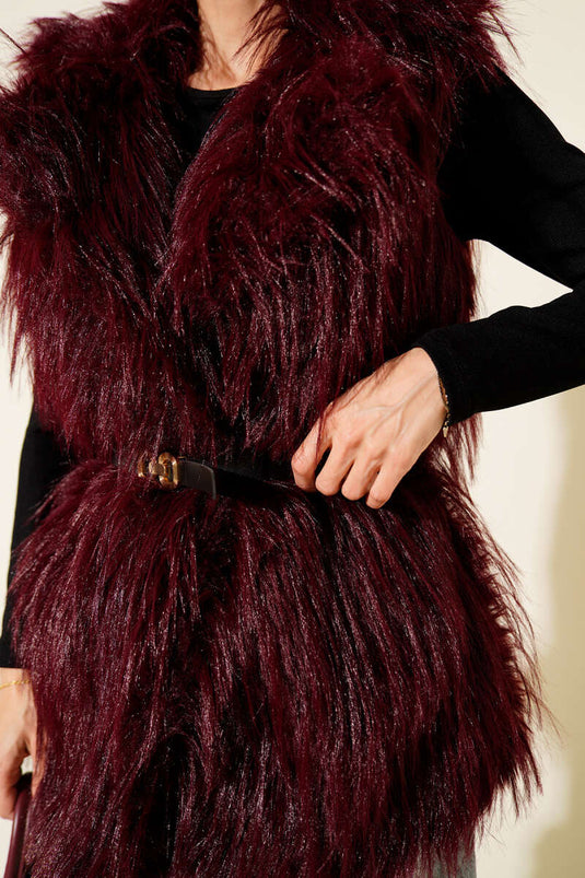 Kemerli Kürklü Lolita Yelek Bordo