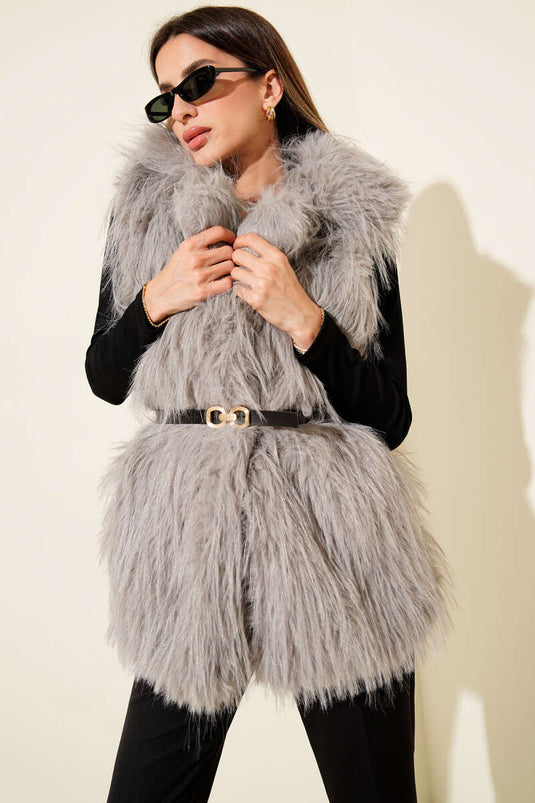 Kemerli Kürklü Lolita Yelek Gri