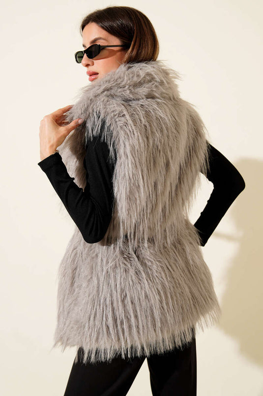 Kemerli Kürklü Lolita Yelek Gri