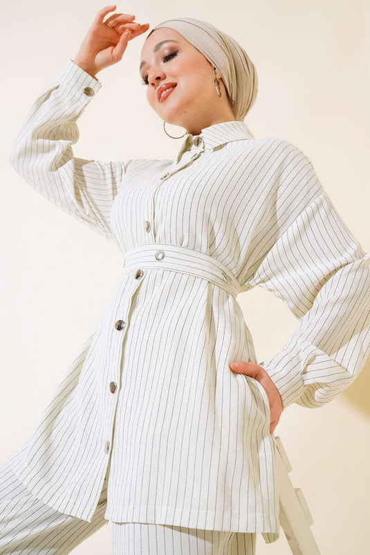 Kemerli Kuş Gözü Çizgili Takım Ekru