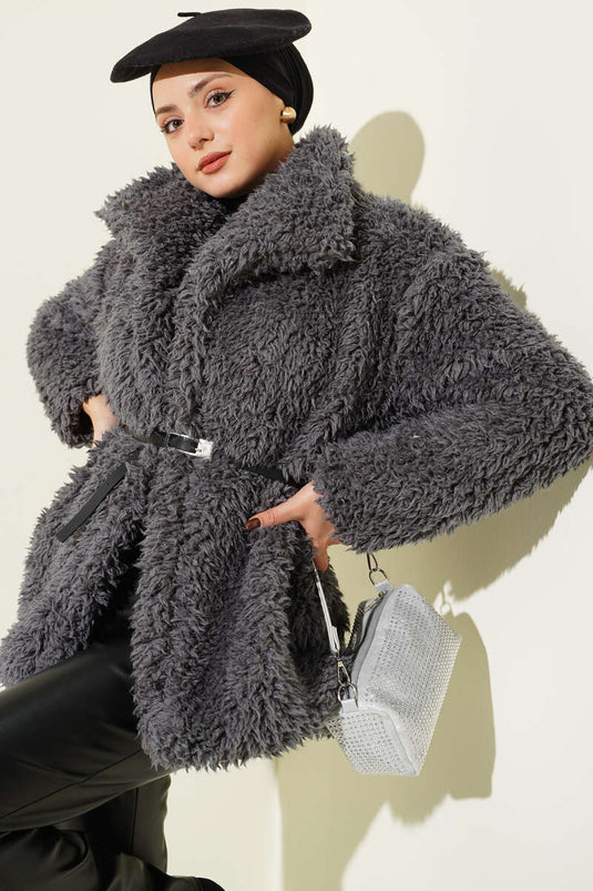 Manteau d'agneau ceinturé Gris fumé