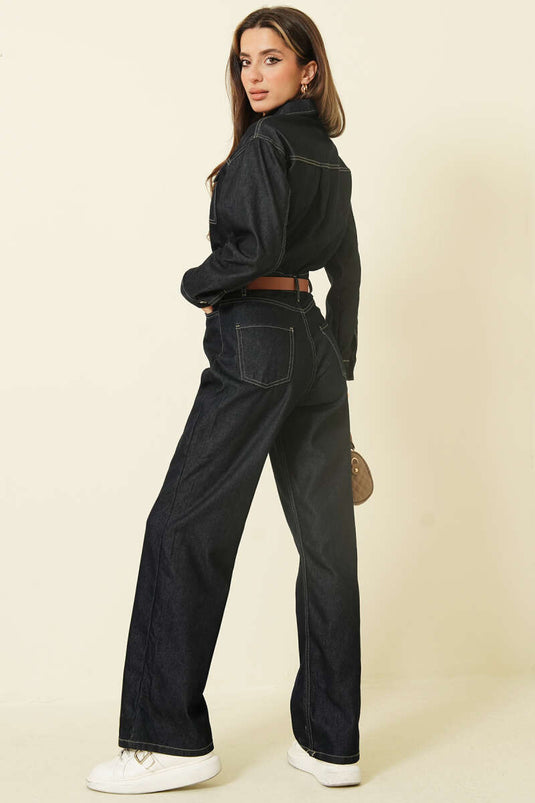 جمبسوت جينز أزرق كحلي بحزام وأزرار معدنية