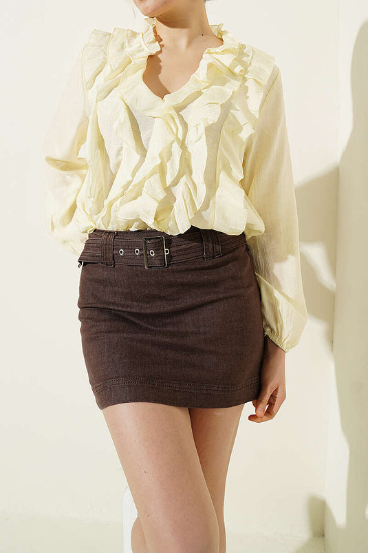 Mini gonna in denim con cintura marrone