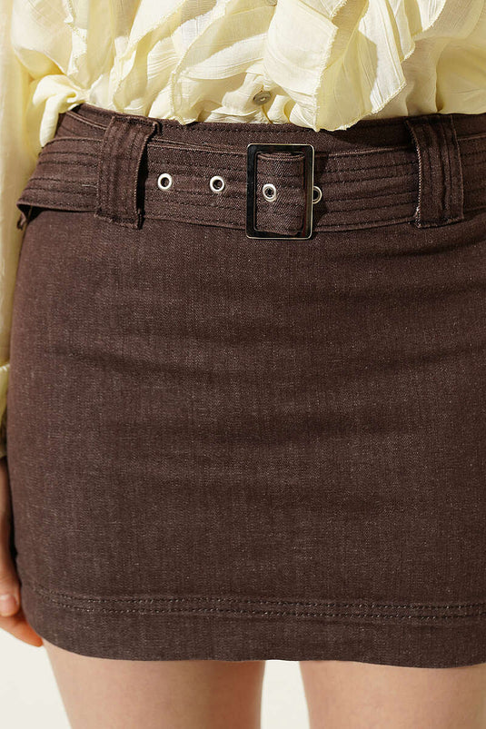 Mini gonna in denim con cintura marrone