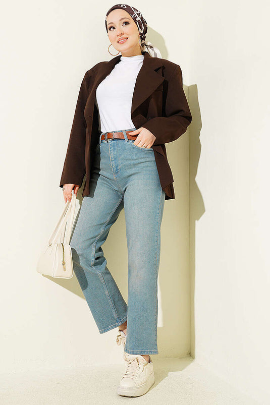 Kemerli Mom Jeans Pantolon Açık Tint