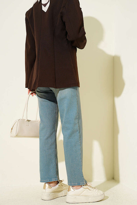 Kemerli Mom Jeans Pantolon Açık Tint