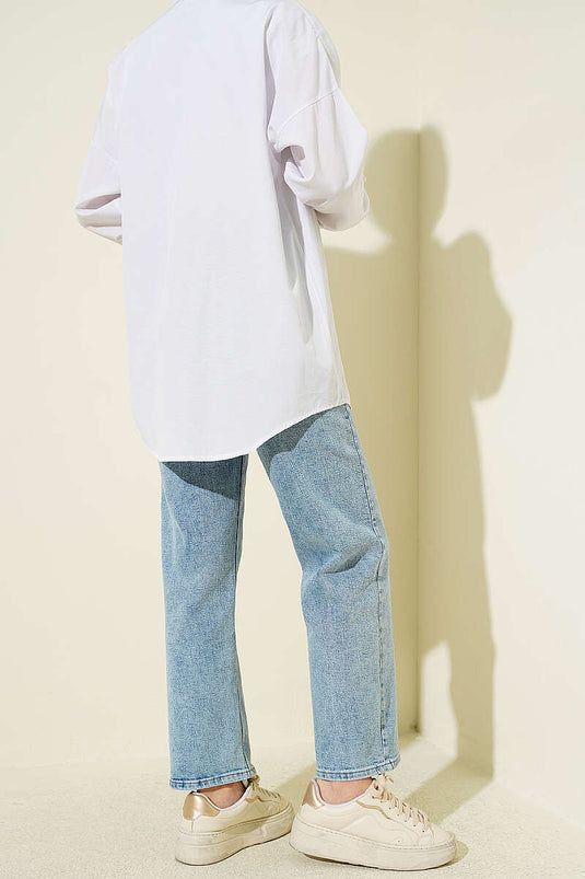 Kemerli Mom Jeans Pantolon Kar Açık